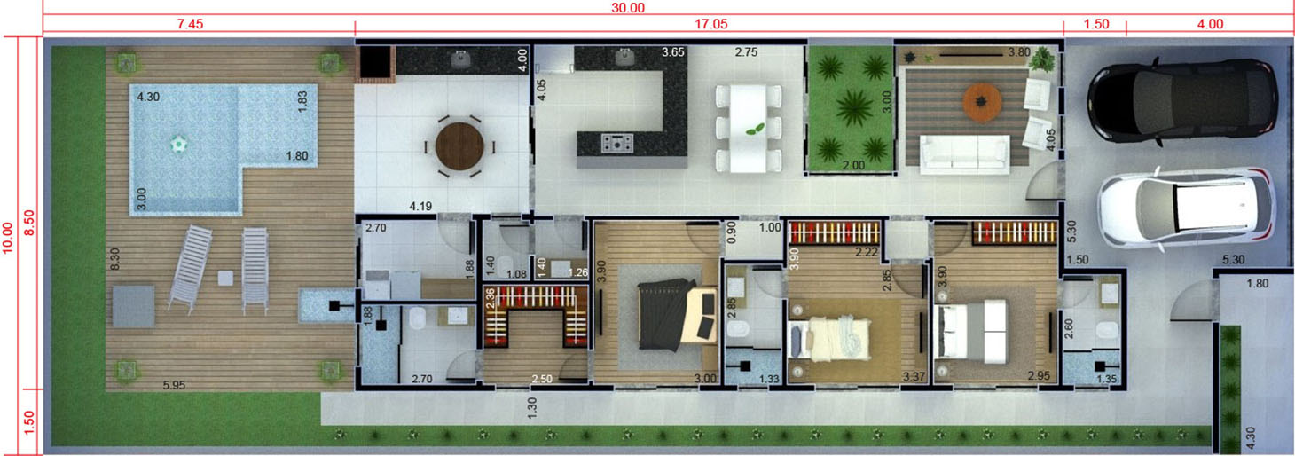 Single storey house plan with roof sight10x30