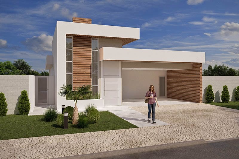 Single storey house with wood on the facade