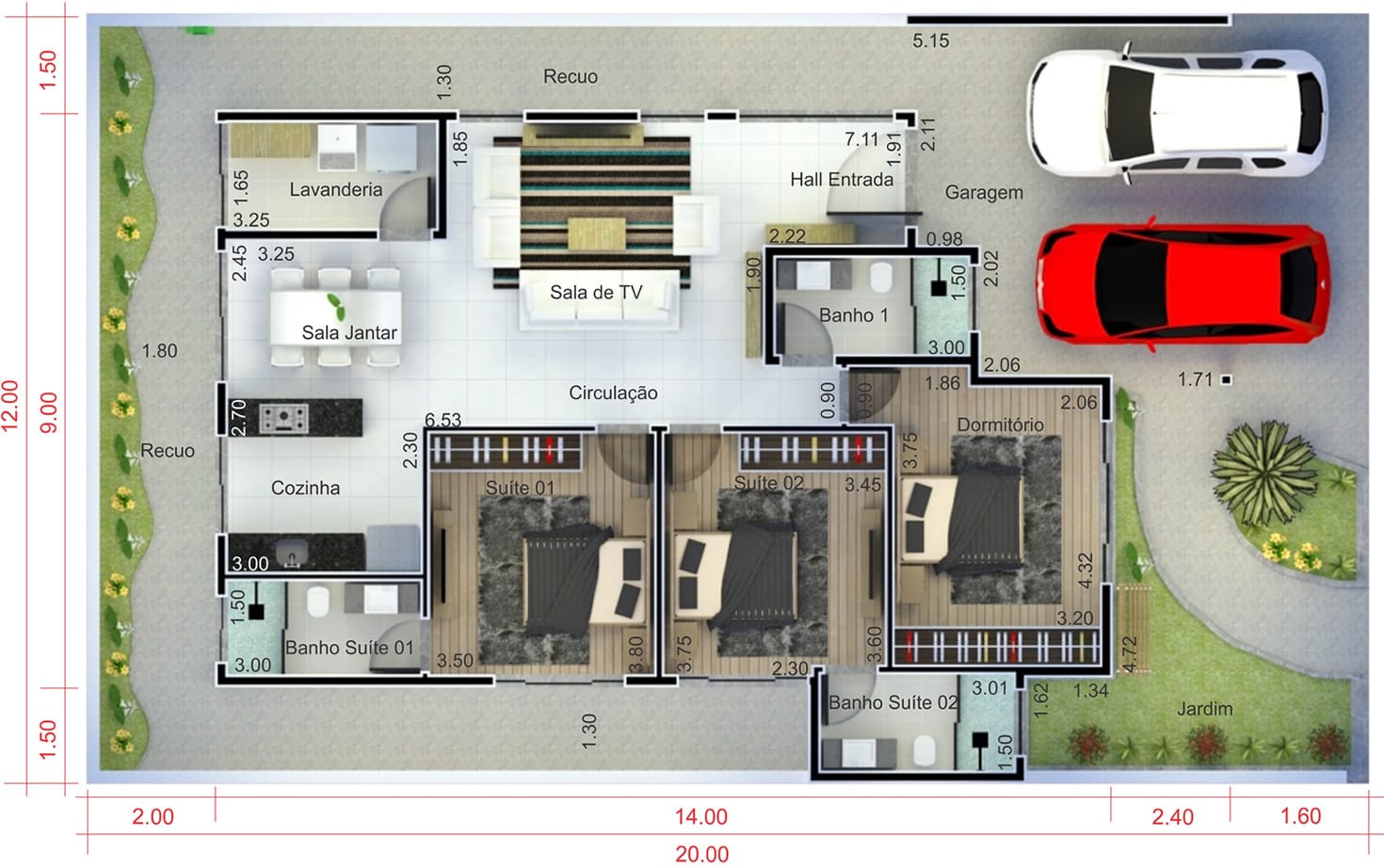 House plan with 2 suites and 1 bedroom12x20